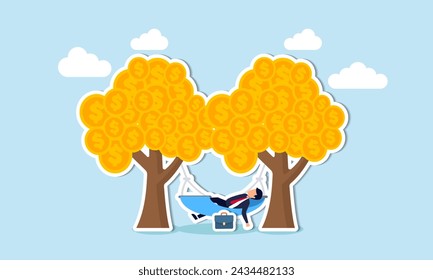 Earning passive income effortlessly through profits or dividends from investments, achieving financial freedom concept, happy rich businessman sleeping in hammock tied on money tree with dollar coins
