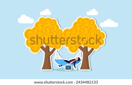 Earning passive income effortlessly through profits or dividends from investments, achieving financial freedom concept, happy rich businessman sleeping in hammock tied on money tree with dollar coins