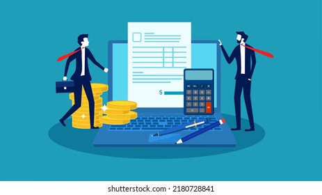 Earning and paying online. businessman standing with computer and pile of money