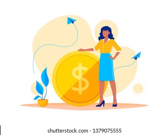 Earning, saving and investing money. Businesswoman is standing near a big dollar coin. Flat vector concept illustration for website, banner, flyer. Isolated on white