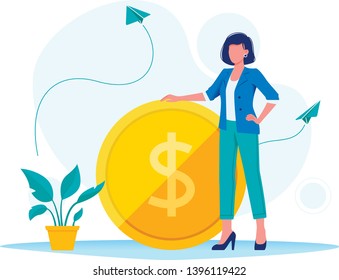 Earning, saving and investing money. Businesswoman is standing near a big dollar coin. Flat vector concept illustration for website, banner, flyer. Isolated on white