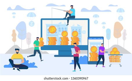 Earning And Spending Money In Internet Using Digital Technologies. Man Work On Laptop, Guy Push Trolley With Money, Male Person Catch Golden Coins From PC Monitor. Cartoon Flat Vector Illustration.