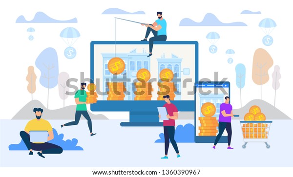 Earning and Spending Money in Internet\
Using Digital Technologies. Man Work on Laptop, Guy Push Trolley\
with Money, Male Person Catch Golden Coins from PC Monitor. Cartoon\
Flat Vector\
Illustration.