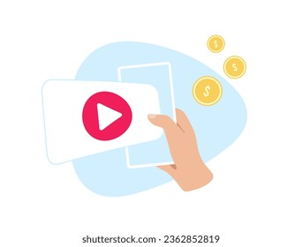 Earning from Video Content concept. Monetizing short video content vlog for passive income. Online video business in social media. Vector illustration isolated on white background with icons