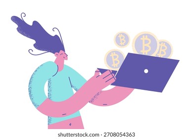 Ganar y trabajar con el concepto de bitcoins. Joven personaje de dibujos animados femenino sonriente mirando la pantalla de la computadora portátil con montones voladores de criptomonedas bitcoins desde su Ilustración vectorial