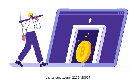 Earning and working with bitcoins illustration concept, man with  pickaxe mining to find bitcoins and earning cryptocurrency at laptop screen 