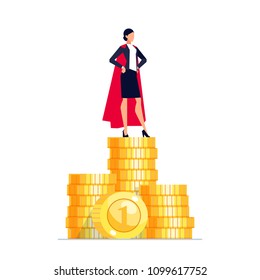 Earnings. Businesswoman stands on a pile of coins. Wealth concept in a flat style. Vector illustration.