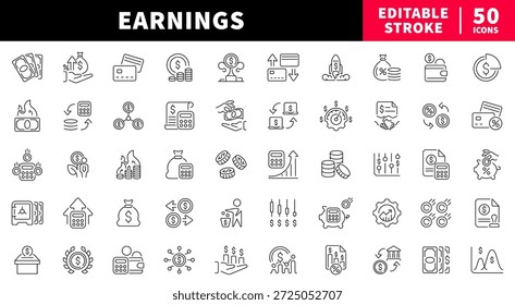 Conjunto de iconos de línea editable de ganancias. Dinero, ingresos y símbolos financieros