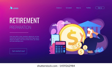 Earnings fund, budget calculating, social security. Retirement preparation, financial savings of retirees, pension saving planning concept. Website homepage landing web page template.