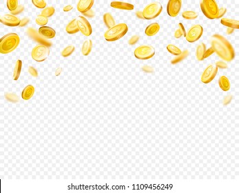 Earnings gold money rain. Golden coins of million dollars lottery games win prize. Casino golden cash explosion and flying coin chips isolated vector 3d illustration on white checkered background