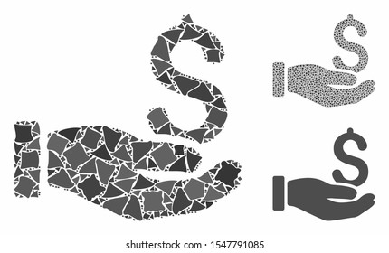 Earnings hand composition of humpy pieces in different sizes and color tones, based on earnings hand icon. Vector humpy pieces are grouped into mosaic.  