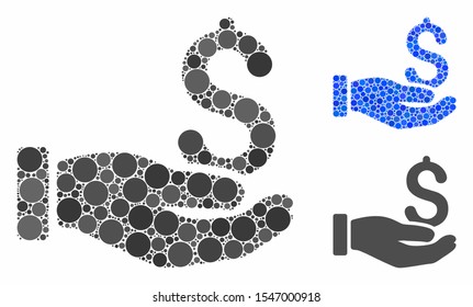 Earnings hand composition of spheric dots in different sizes and color tones, based on earnings hand icon. Vector round dots are combined into blue composition.