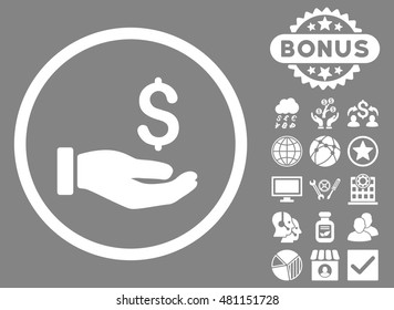 Earnings Hand icon with bonus. Vector illustration style is flat iconic symbols, white color, gray background.