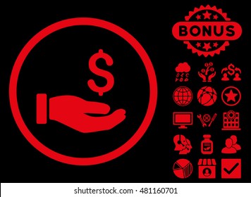 Earnings Hand icon with bonus. Vector illustration style is flat iconic symbols, red color, black background.