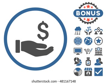 Earnings Hand icon with bonus. Vector illustration style is flat iconic bicolor symbols, cobalt and gray colors, white background.
