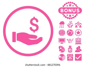 Earnings Hand icon with bonus. Vector illustration style is flat iconic symbols, pink color, white background.