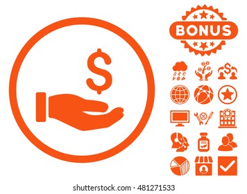 Earnings Hand icon with bonus. Vector illustration style is flat iconic symbols, orange color, white background.