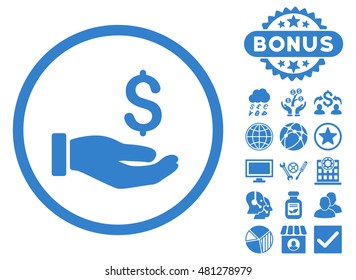 Earnings Hand icon with bonus. Vector illustration style is flat iconic symbols, cobalt color, white background.