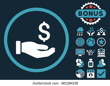 Earnings Hand icon with bonus. Vector illustration style is flat iconic bicolor symbols, blue and white colors, dark blue background.