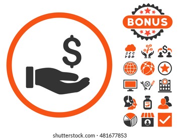 Earnings Hand icon with bonus. Vector illustration style is flat iconic bicolor symbols, orange and gray colors, white background.