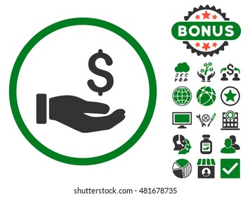 Earnings Hand icon with bonus. Vector illustration style is flat iconic bicolor symbols, green and gray colors, white background.