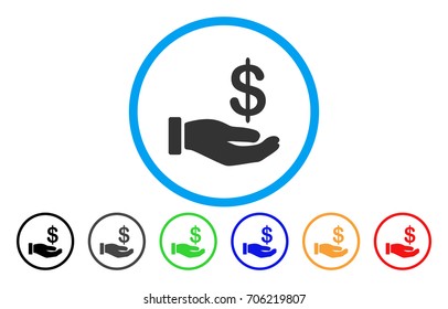 Earnings Hand vector rounded icon. Image style is a flat gray icon symbol inside a blue circle. Bonus color versions are grey, black, blue, green, red, orange.