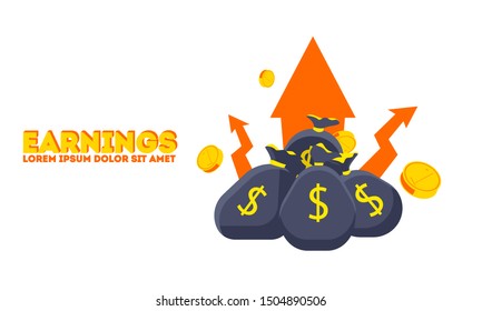 Earnings increase vector background, a lot of cash in money bags with dollar sign. Financial success illustartion