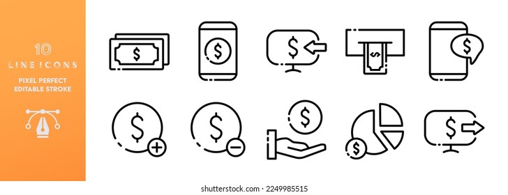 Earnings line icons set. Editable stroke, balance, replenish, deposit, earnings, investments, stocks, business, data, bank, capital, tax, management, payment. finance concept. Vector line icons set