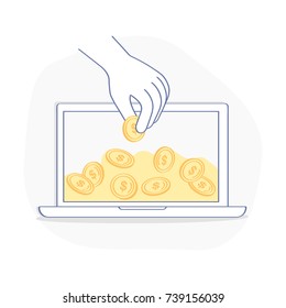 Earnings on the Internet, E-commerce, Wealth, Internet Marketing, Online Savings concept. The hand takes money from the laptop. Flat outline icon on white background.