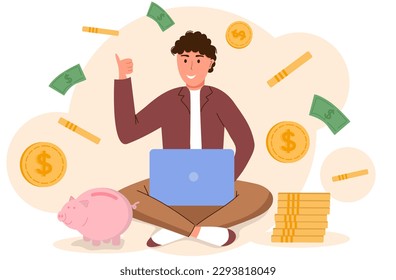 Ganancias en Internet. Un hombre trabaja en línea con una laptop. Los autónomos ganan dinero en casa y trabajan en línea. Ilustración del vector