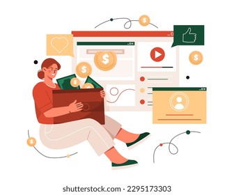 Earnings on Internet. Woman with wallet with gold coins and banknotes on background of website page. Freelancer and remote worker with salary and income. Cartoon flat vector illustration