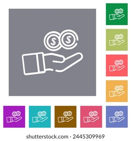 Earnings outline flat icons on simple color square backgrounds