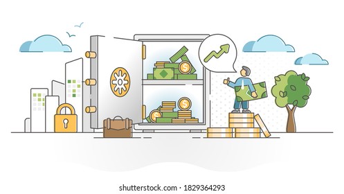 Earnings profit as financial and economical money growth outline concept. Income profit or secure savings vector illustration. Stack and pile of dollar banknotes and coins. Treasure deposit scene.