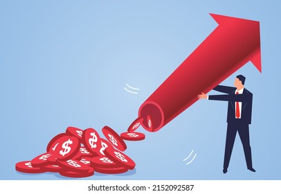 Earnings and profits, making money, cashing out, businessman shaking the rising red arrow and falling out a lot of gold coins