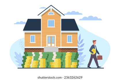 Earnings from renting or selling house, businessman carries gold coin as symbol of real estate income. Housing revenue or profit. Mortgage loan cartoon flat style isolated vector concept