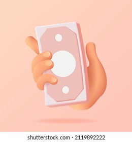 Earnings template on websites, applications. Realistic 3d hand with a bundle of money. Pastel gentle light colors on a pink background. Creative concept design in cartoon style. Vector illustration.