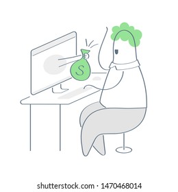 Earnings using internet, remote online work, freelance, affiliate reward program. A hand with a bag of money stretches out of a computer screen to the surprised man. Flat outline trendy vector icon