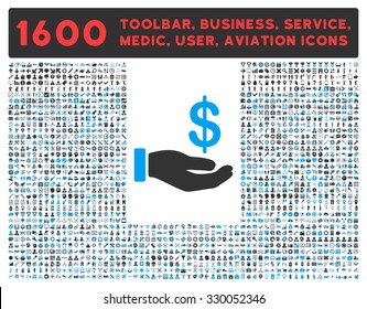 Earnings vector icon and 1600 other business, service tools, medical care, software toolbar, web interface pictograms. Style is bicolor flat symbols, blue and gray colors, rounded angles, white