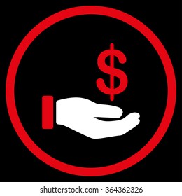 Earnings vector icon. Style is bicolor flat circled symbol, red and white colors, rounded angles, black background.