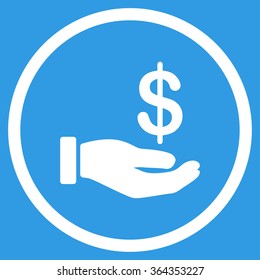 Earnings vector icon. Style is flat circled symbol, white color, rounded angles, blue background.