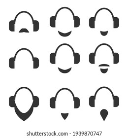 Earphone with beard style  man flat icons set