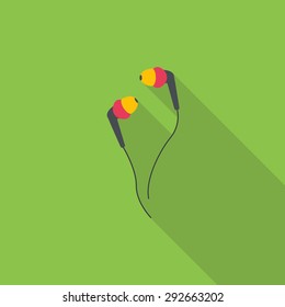 Earphone flat icon design with long shadow. Music card.