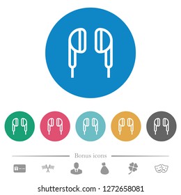 Earphone flat white icons on round color backgrounds. 6 bonus icons included.