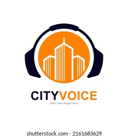 Earphone oder Headphone City Logo Vektorgrafik-Template Design. Geeignet für Geschäfts-, Unterhaltungs- und Informationszwecke