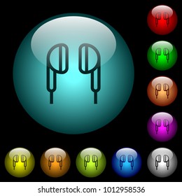 Earphone icons in color illuminated spherical glass buttons on black background. Can be used to black or dark templates