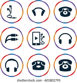 earphone icons set. Set of 9 earphone filled icons such as desk phone, phone and earphones, earphones, earphone wire