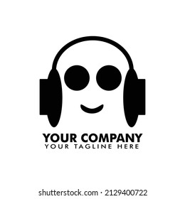 Earphone logo with face smile. Headphone logo. Headset Symbol. Music Icon Logo Design.