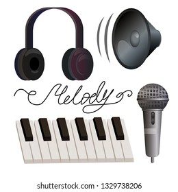 Earphone, microphone, piano and speaker isolated vector objects