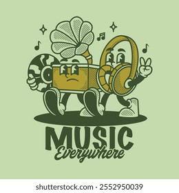 Auricular y música lindo Vector de dibujos animados retro dibujado a mano lindo Vector de dibujos animados retro dibujado a mano