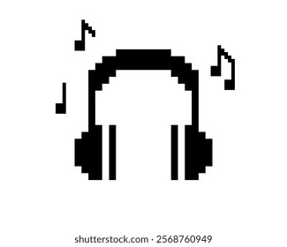 Earphone pixel art icon. Headphone icon. Listening music. Retro trendy sticker. Editable pixel vector black element. Game abstract element. Y2k modern geometric shape for collage, poster. Mood of 90s